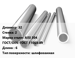 Труба нержавеющая 32х2 мм Сталь AISI 304 ГОСТ: ГОСТ 11068-81 L=6 шлифованная, метр, электросварная, импорт цена от 287474 сом / т, где купить, условия доставки в Оше и Ошской области